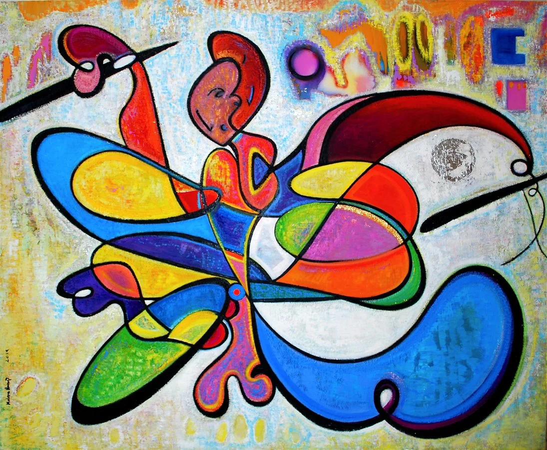 Colorful abstract painting of a person with butterfly wings, holding a paintbrush, with vibrant, swirling colors and shapes.