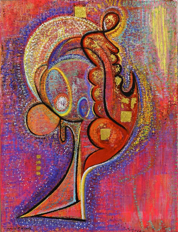 Abstract artwork featuring a stylized face with prominent cheek and eye, surrounded by vibrant colors, geometric shapes, and textured patterns.