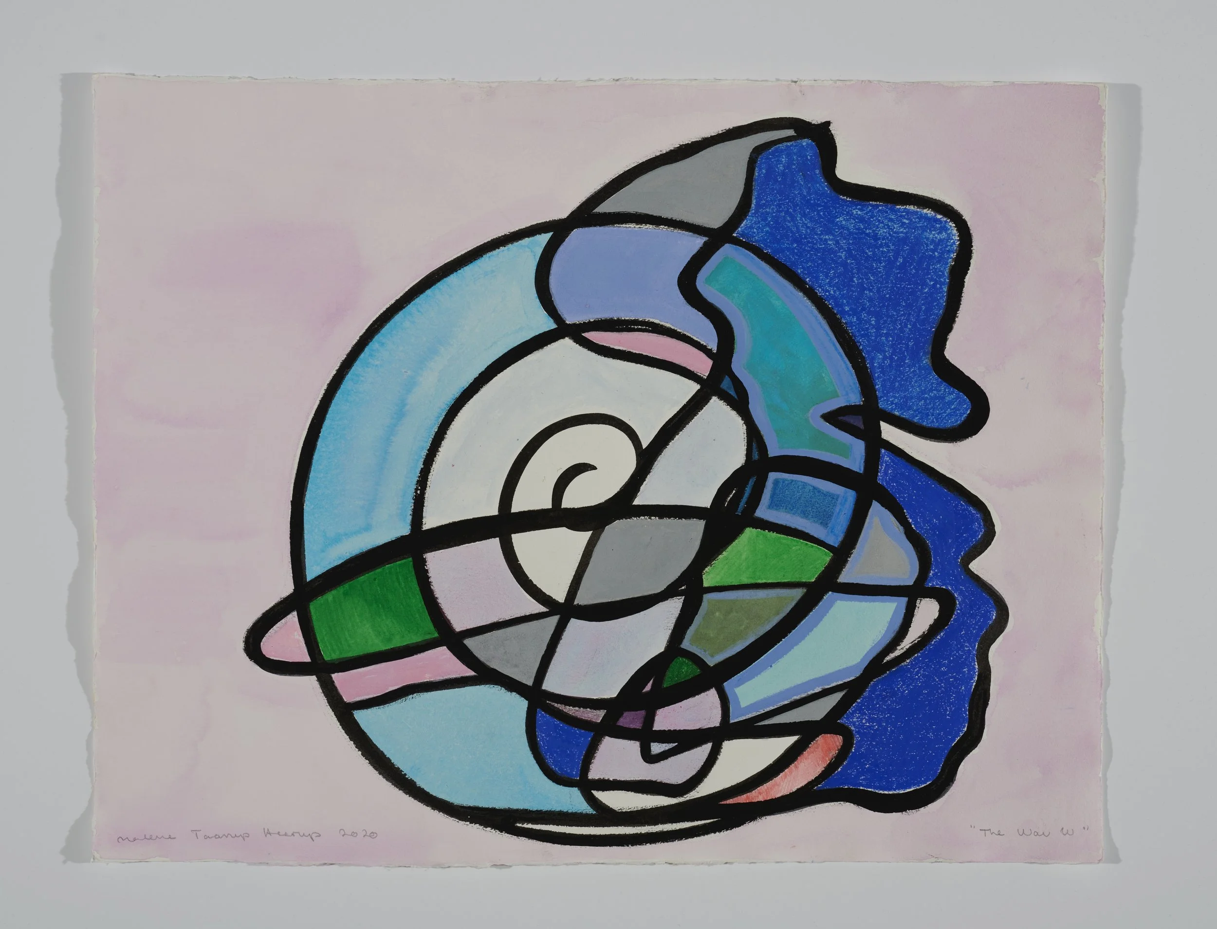 Abstract stained glass style artwork with swirling black lines and sections filled with various shades of blue, green, gray, and pink.