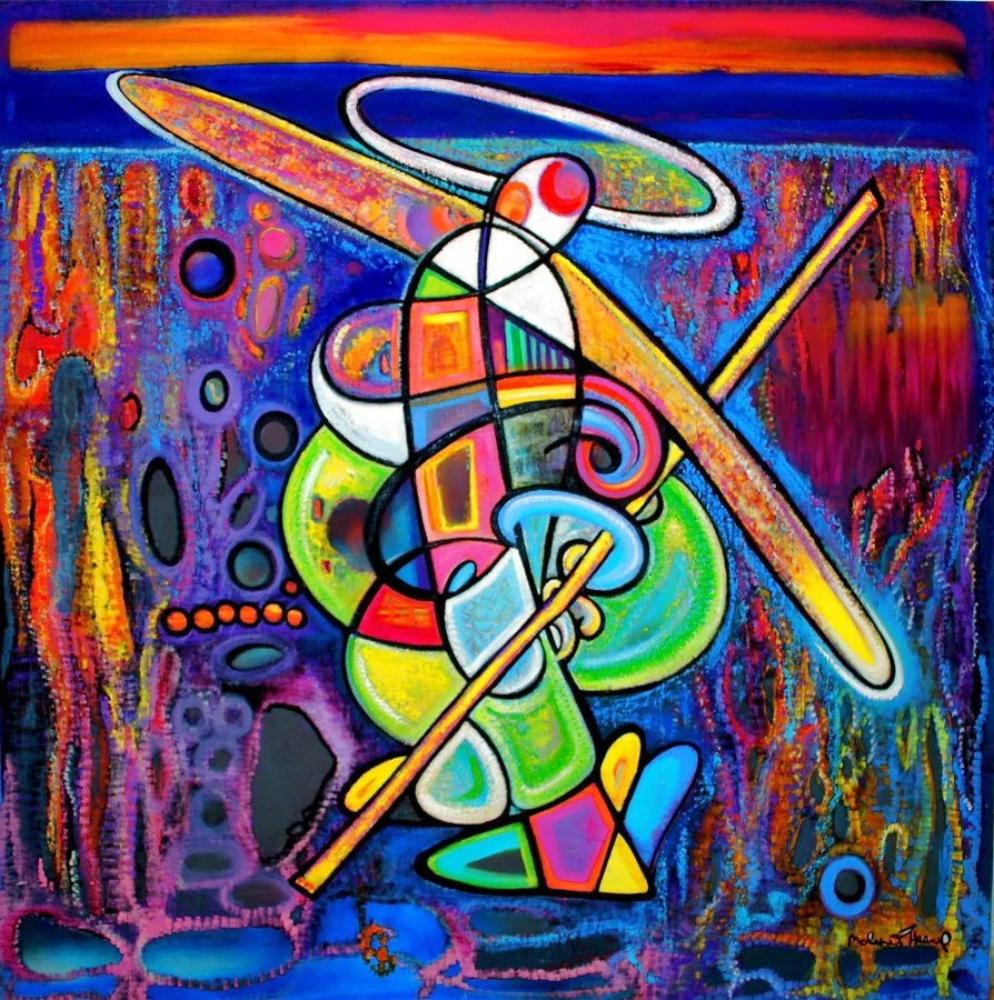 Abstract colorful painting of a jazz musician playing an instrument, with vibrant geometric shapes and backgrounds in blue, orange, green, and purple.