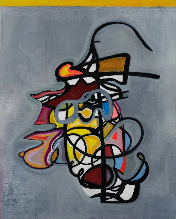 Abstract colorful artwork with black outlines on a gray background.