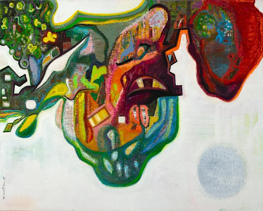 Abstract colorful portrait of a person's face with various vivid colors and shapes, blending into a white background.