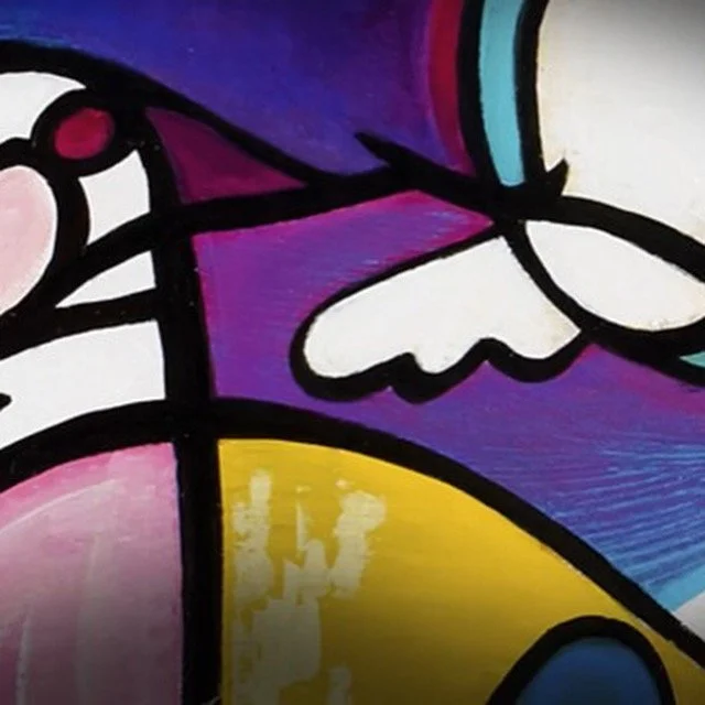 A colorful abstract painting with bold black outlines, featuring shapes in purple, yellow, blue, white, and pink.