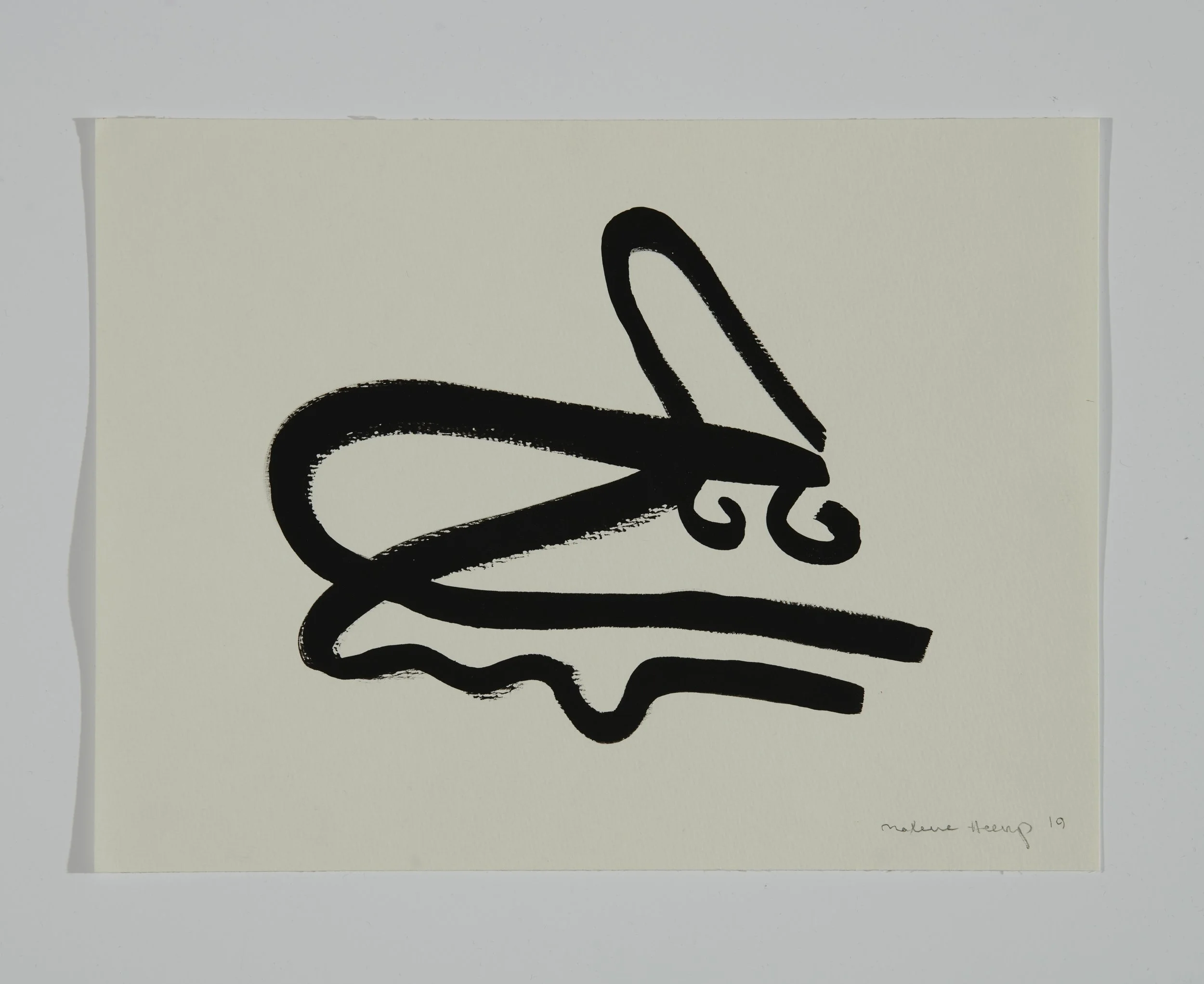 Black abstract butterfly sketch on white paper, signed by the artist in the bottom right corner.