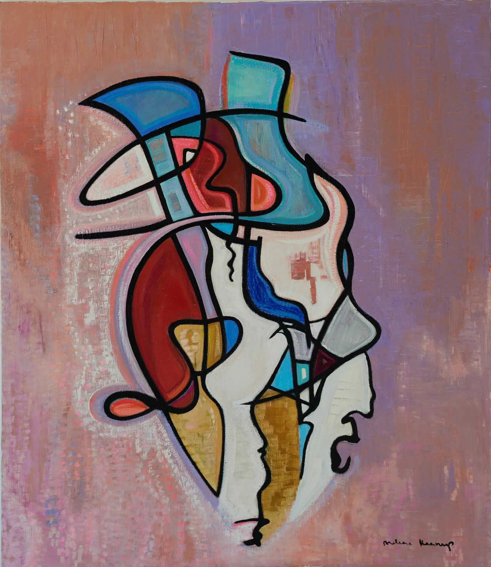 Abstract artwork featuring colorful overlapping faces and profiles, outlined in black, on a textured pink and purple background.