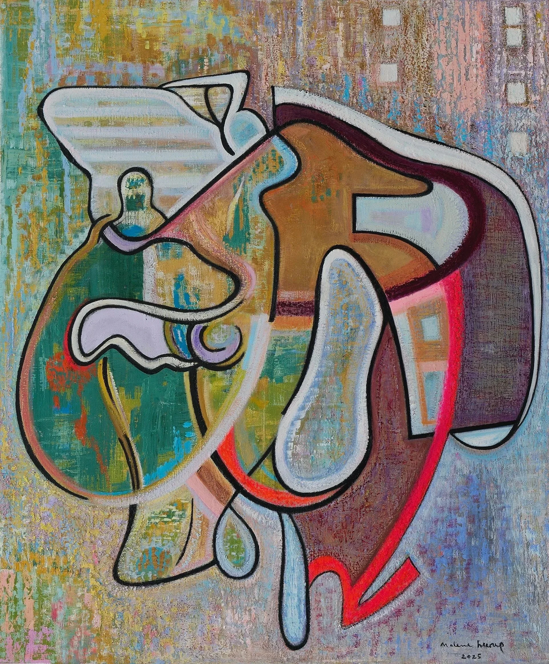 Abstract painting with bold black outlines and colorful geometric shapes and patterns.