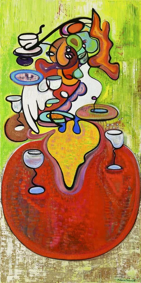Abstract painting featuring a large red apple with a bite taken out, with floating cups, plates, and colorful shapes above it, on a textured green background.