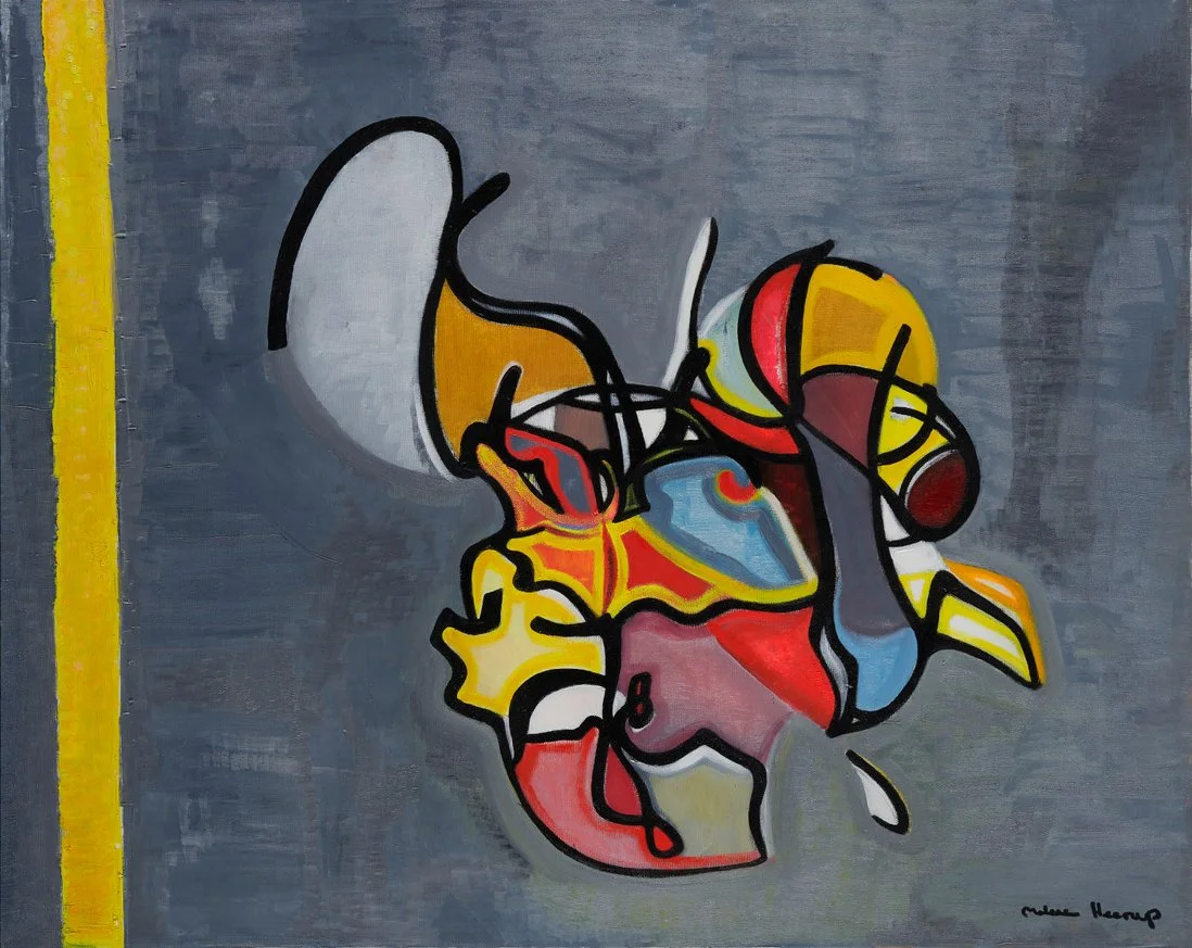 Abstract colorful street art on a gray wall, with a yellow vertical line on the left side.