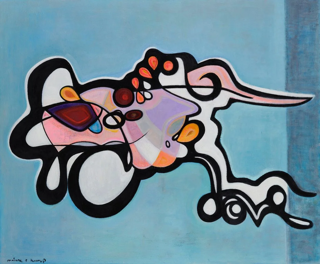 Abstract painting with bold black lines and colorful shapes on a light blue background.