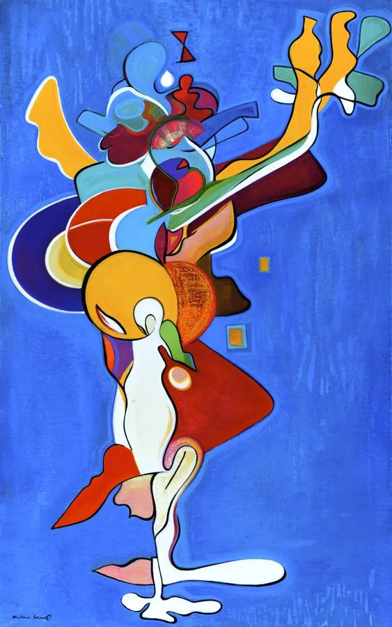 Abstract colorful painting with various shapes and figures on a blue background.