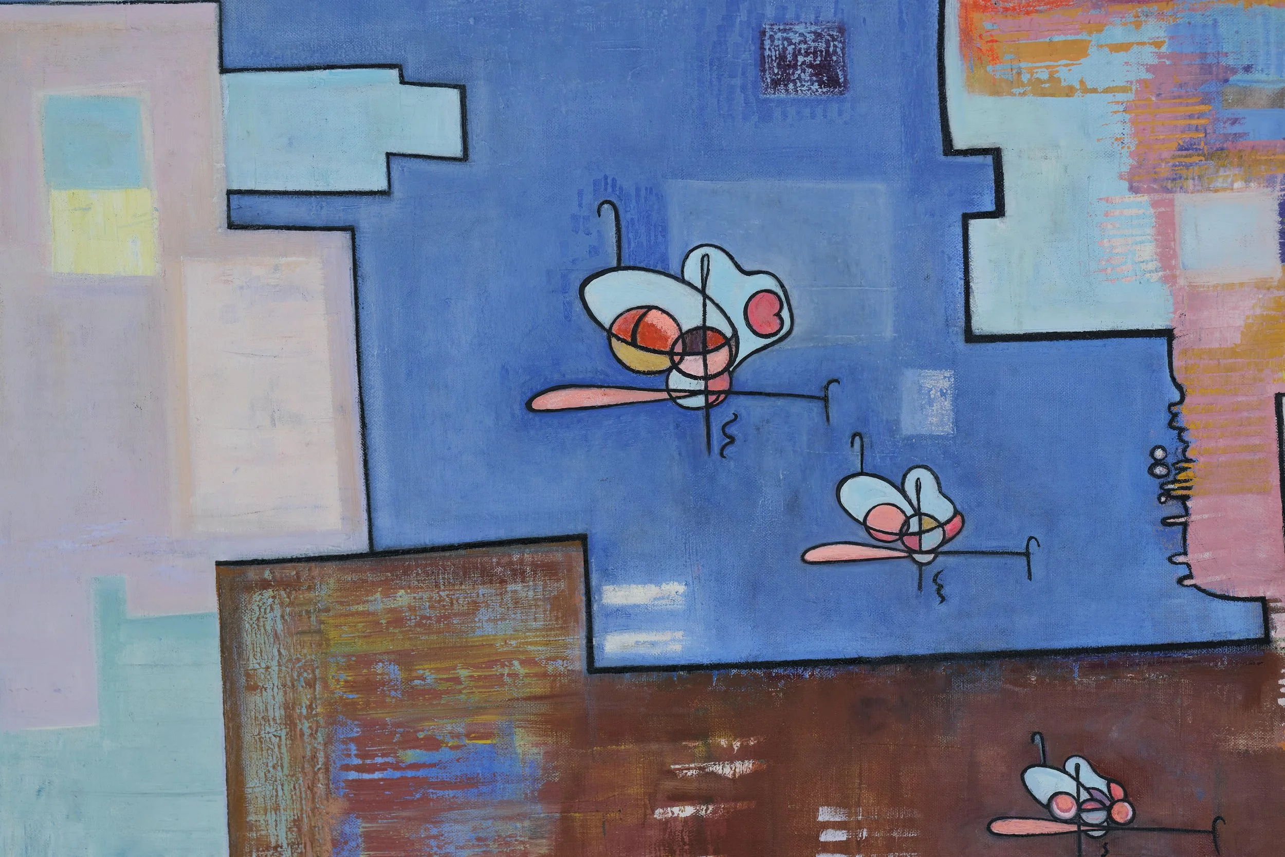 Abstract painting featuring three stylized flying insects with outlined wings, set against blocks of pastel blue, pink, purple, and brown colors.
