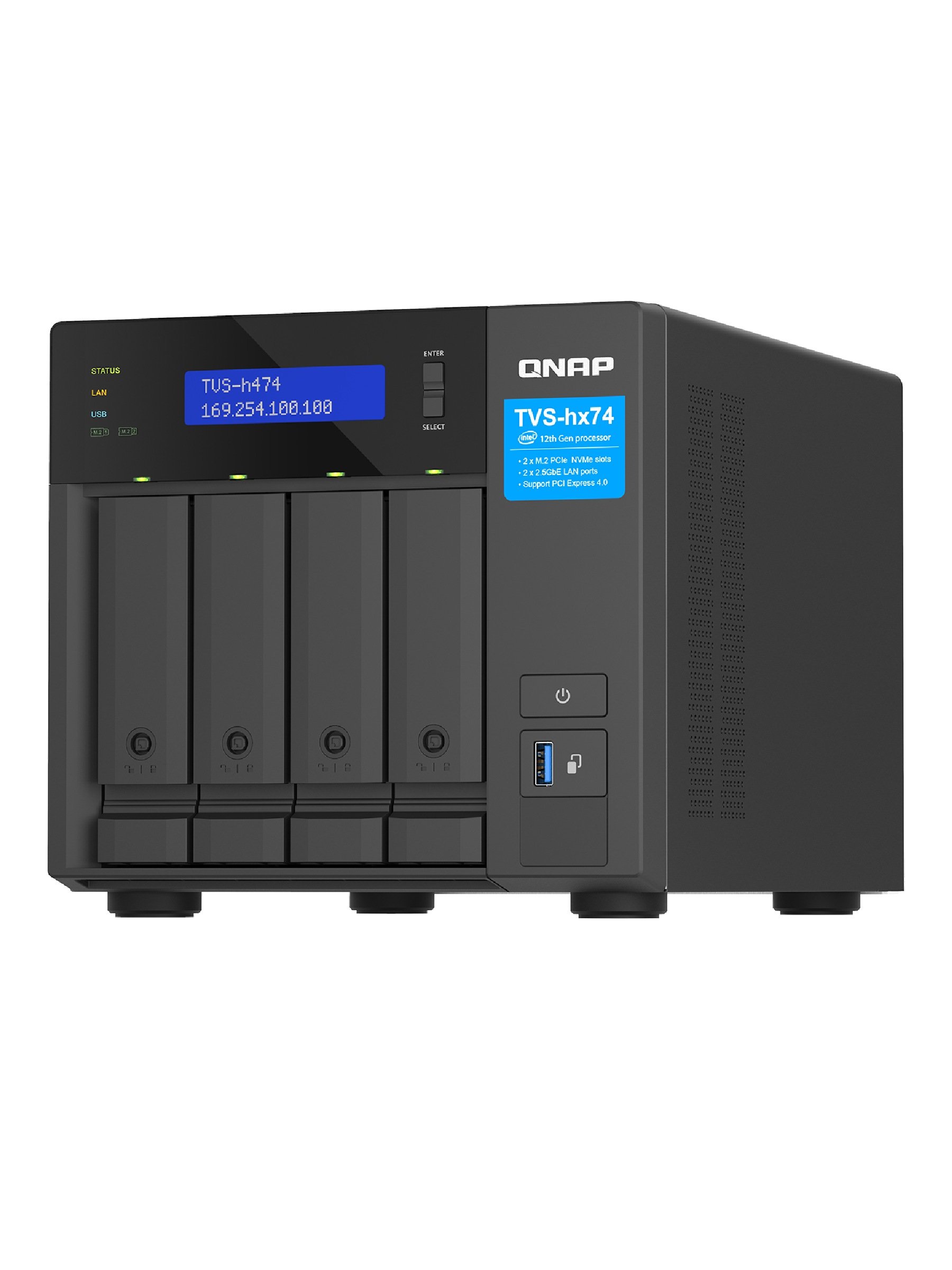 QNAP TVS-h474-PT-8G 4-bay QuTS hero NAS, Intel® Pentium® Gold G7400, up to 3.7GHz, 8GB