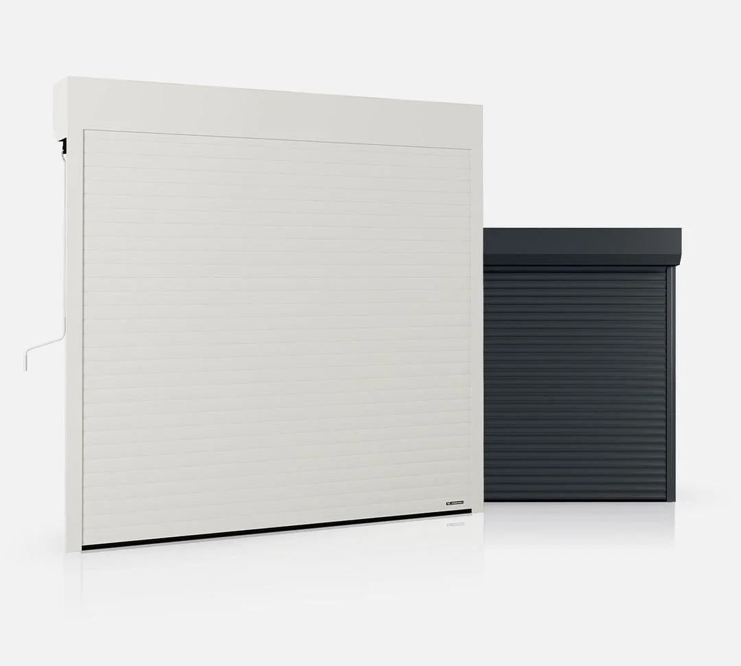Two rolling shutters, one white and one black, shown against a plain white background.