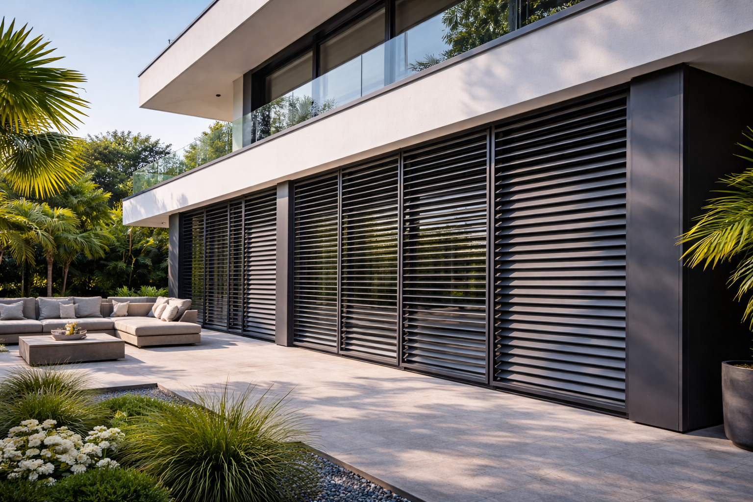 Modern house with large black outdoor shutters and a patio with beige sectional sofa and coffee table, surrounded by lush green plants and palm trees.