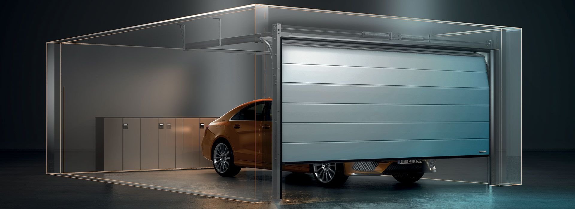 A futuristic car inside a high-tech garage with a large automatic garage door.