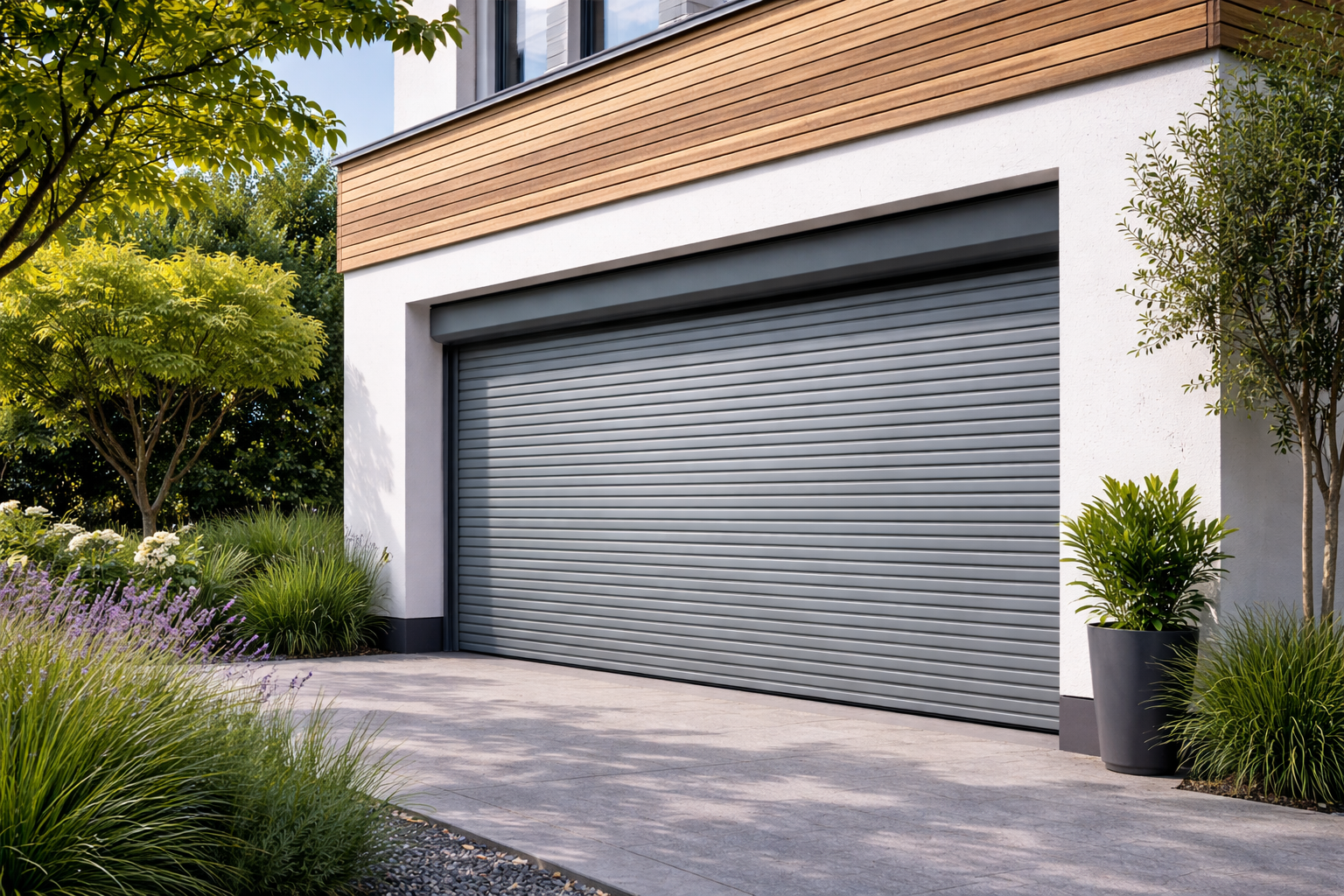 Gray metal garage door on a modern house with white walls, wooden paneling above, and potted plants and greenery on the sides