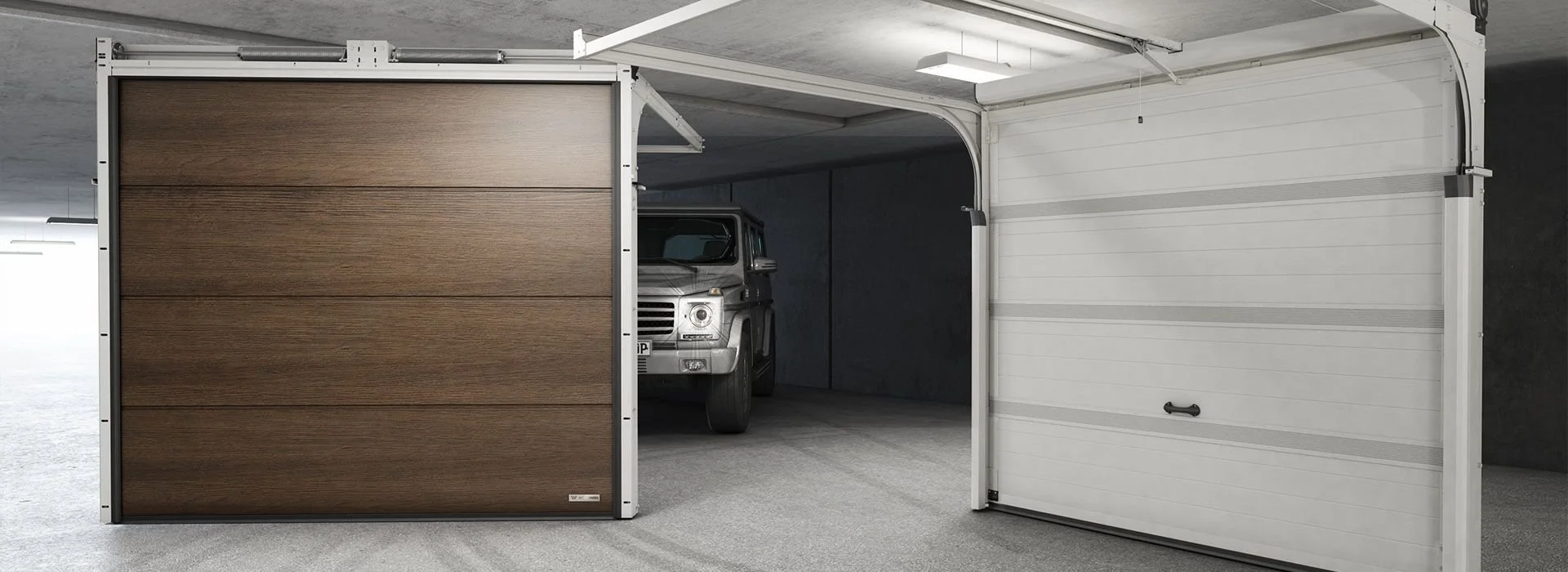 A garage with a partly open sliding door showing a silver vehicle inside, with different styles of garage doors—one wood-textured and one white with horizontal lines.