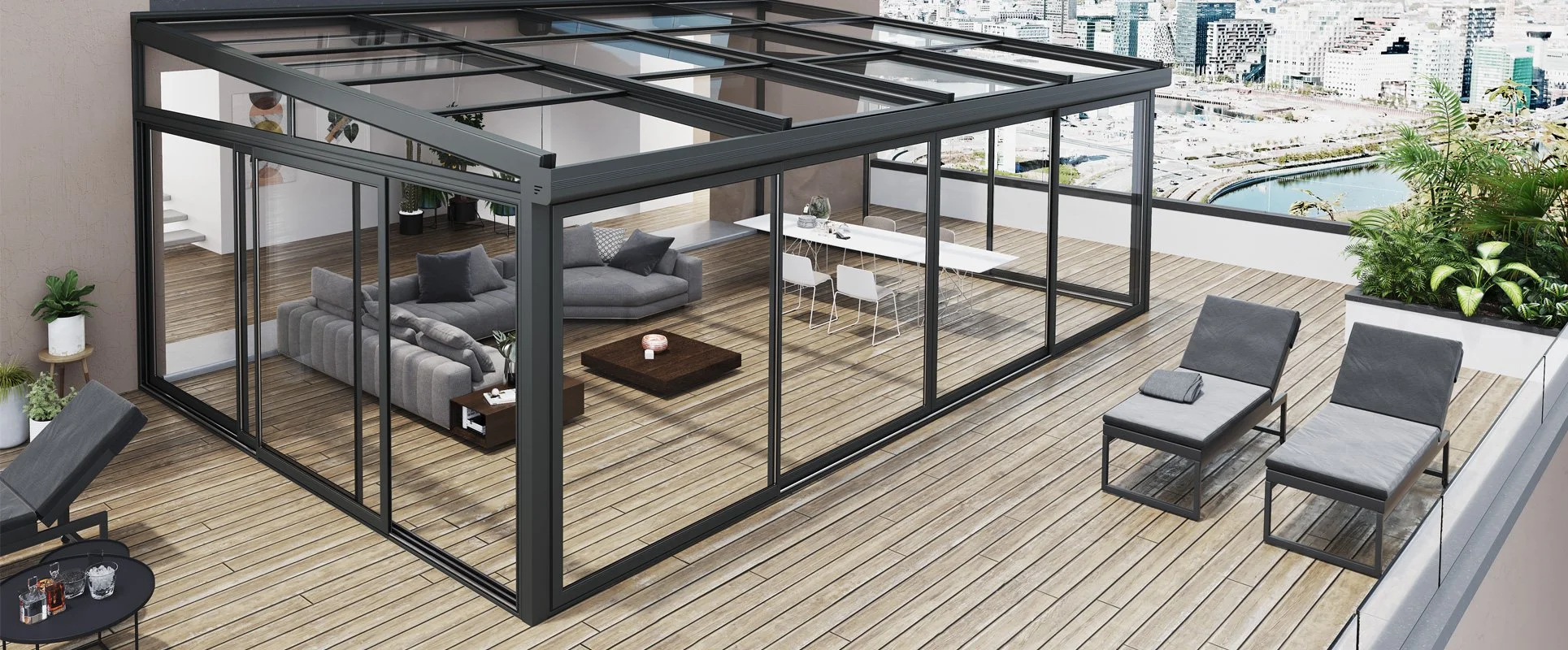 Rooftop terrace with outdoor seating, two lounge chairs with cushions, potted plants, a glass greenhouse structure with a sitting area inside, and city skyline views in the background.