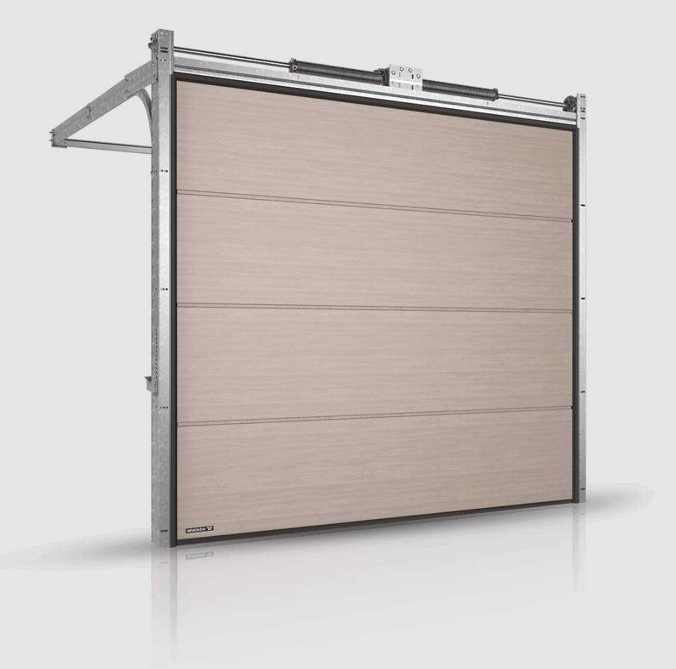 A large industrial garage door with a wood finish, metal frame, and track system at the top for opening and closing.