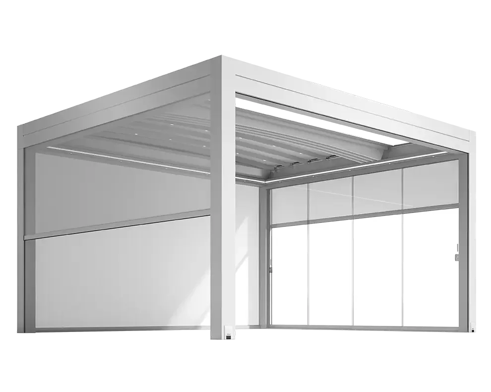 A white modern pergola with a slatted roof and sliding glass panels on one side.