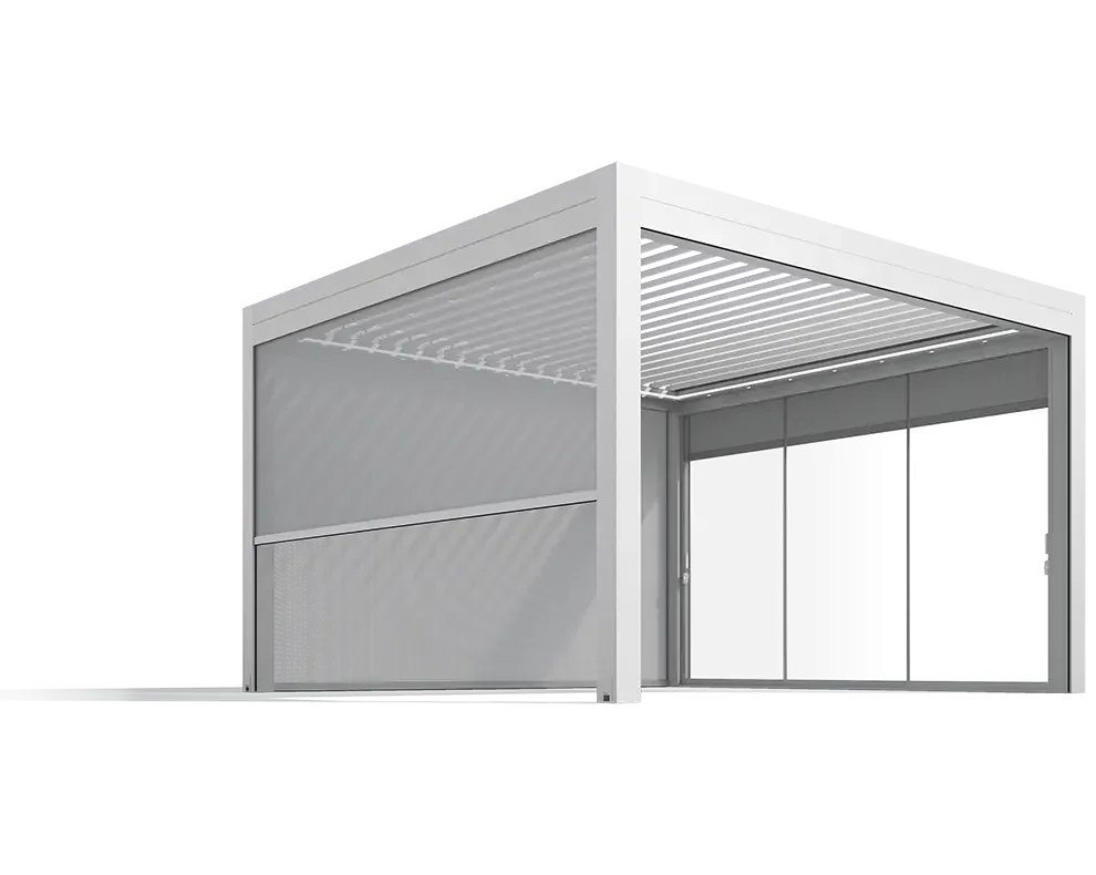 A modern glass and metal structure with a sliding door, likely a glass enclosure or outdoor room.