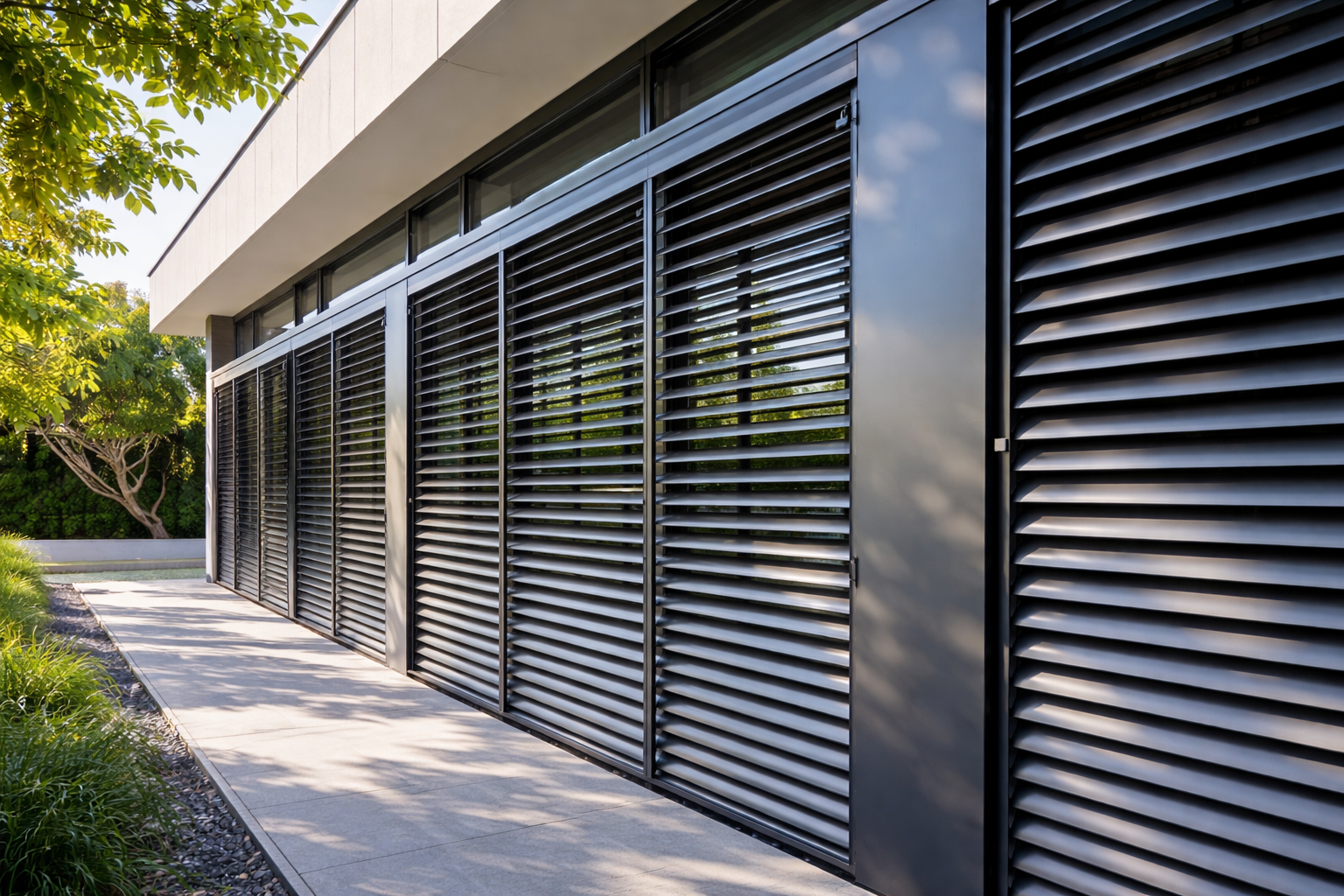 Modern building exterior with black metal louvered exterior panels, nearby sidewalk, lush green trees, and clear sky reflected in the glass windows.