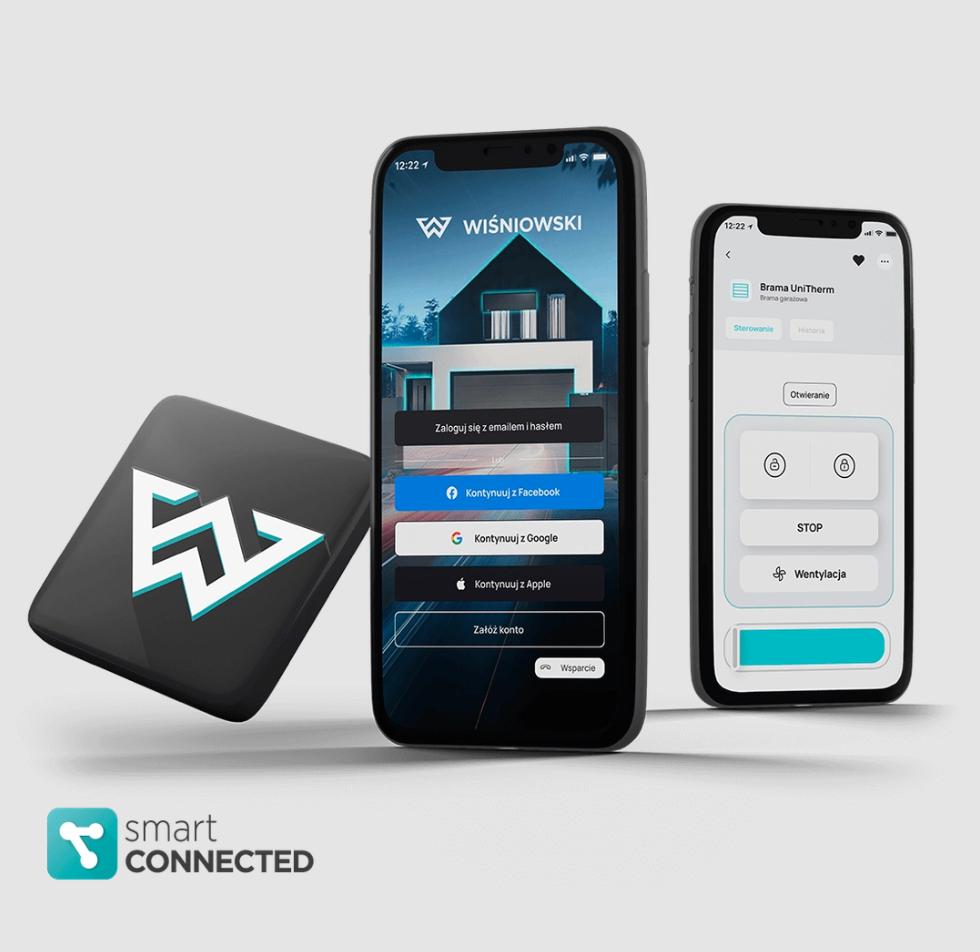 Smart home automation app displayed on two smartphones and a separate device, with a Wiśniewski logo and the words 'smart CONNECTED' at the bottom left.