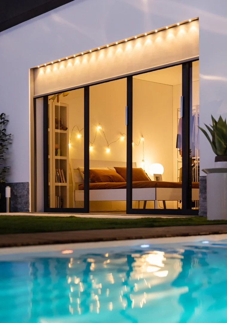 View of a cozy bedroom seen through glass sliding doors, decorated with string lights and a glowing lamp, next to a swimming pool outside.