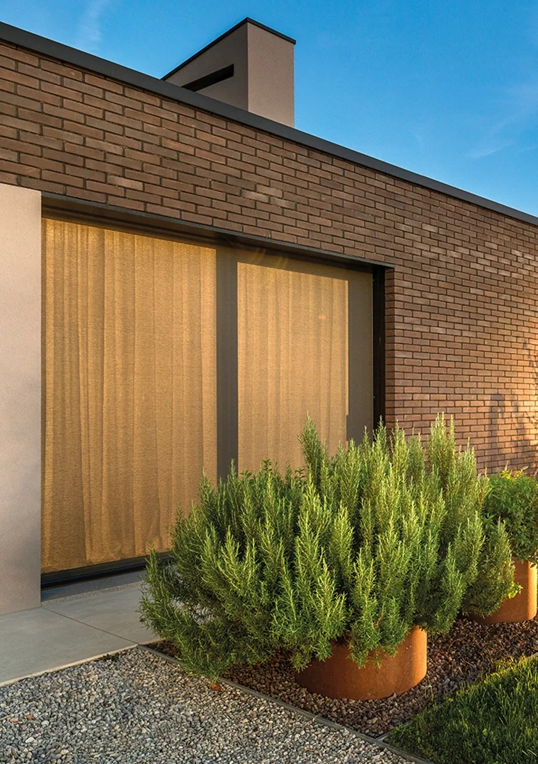 Exterior view of a modern building with brick wall, large window with closed curtains, and potted rosemary plants in front, under a clear blue sky.