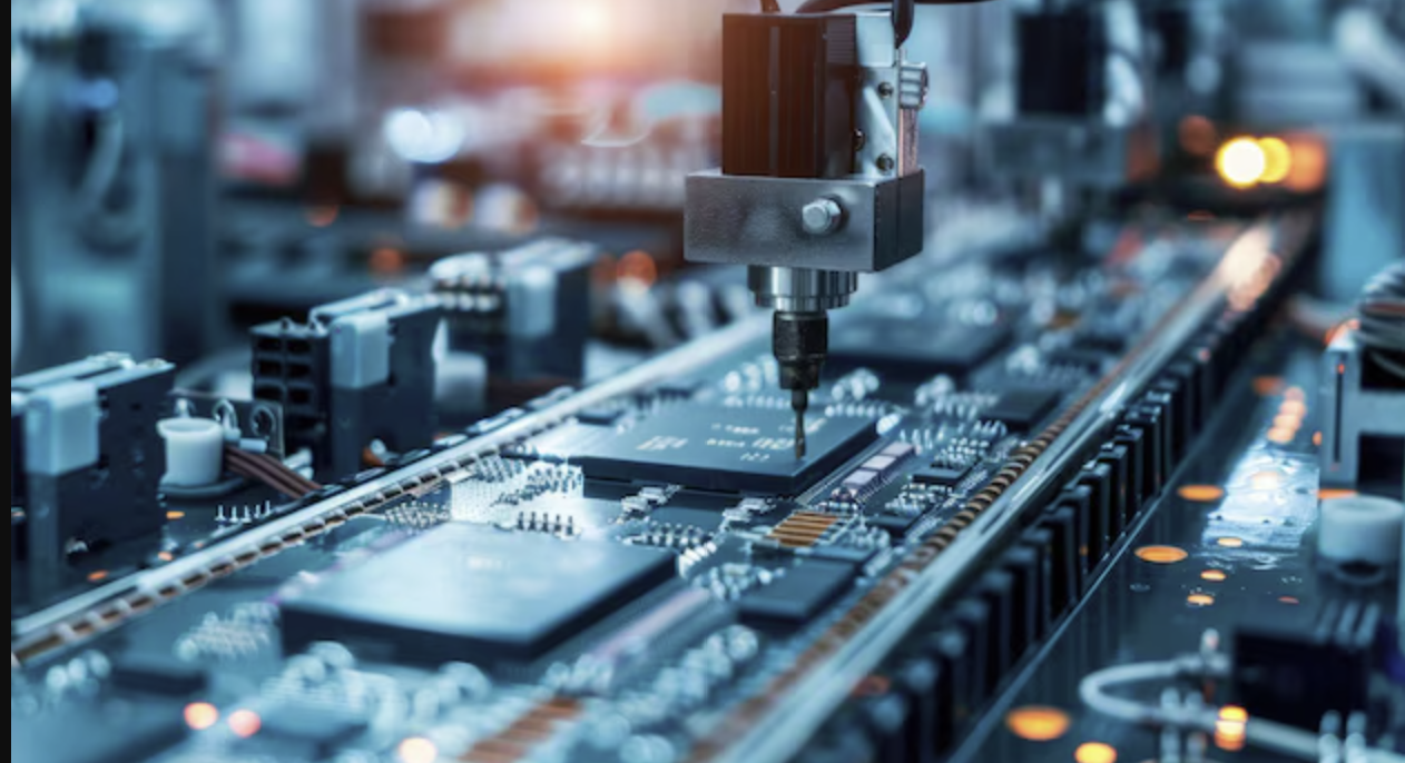 Une machine automatisée debout, insérant un composant électronique sur une carte mère dans une ligne de fabrication électronique.