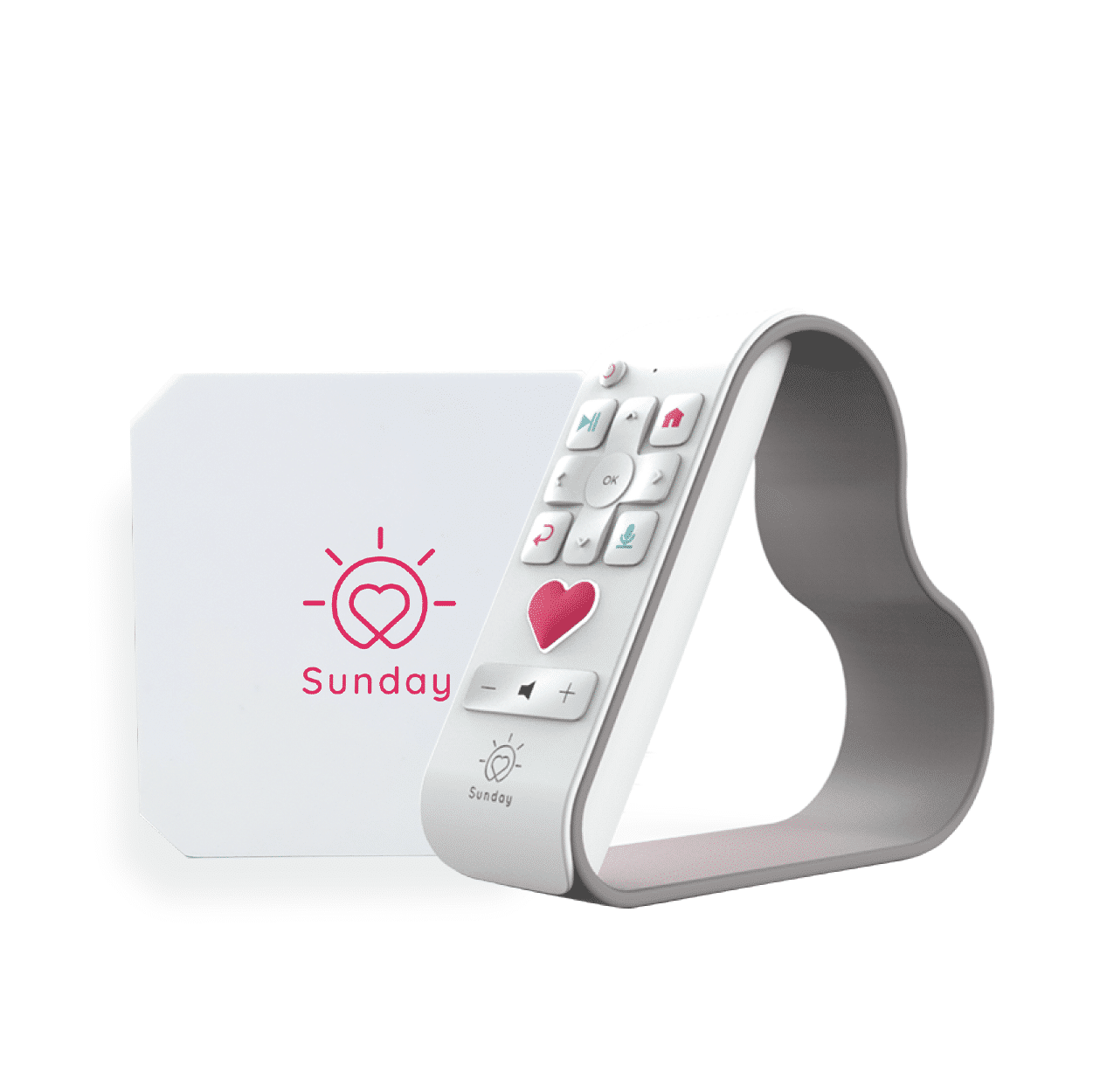 Une télécommande blanche avec des boutons gris et roses, posée sur un fond blanc, à côté d'une boîte blanche avec un logo représentant un cœur entouré par un soleil stylisé et le mot "Sunday" en rouge.
