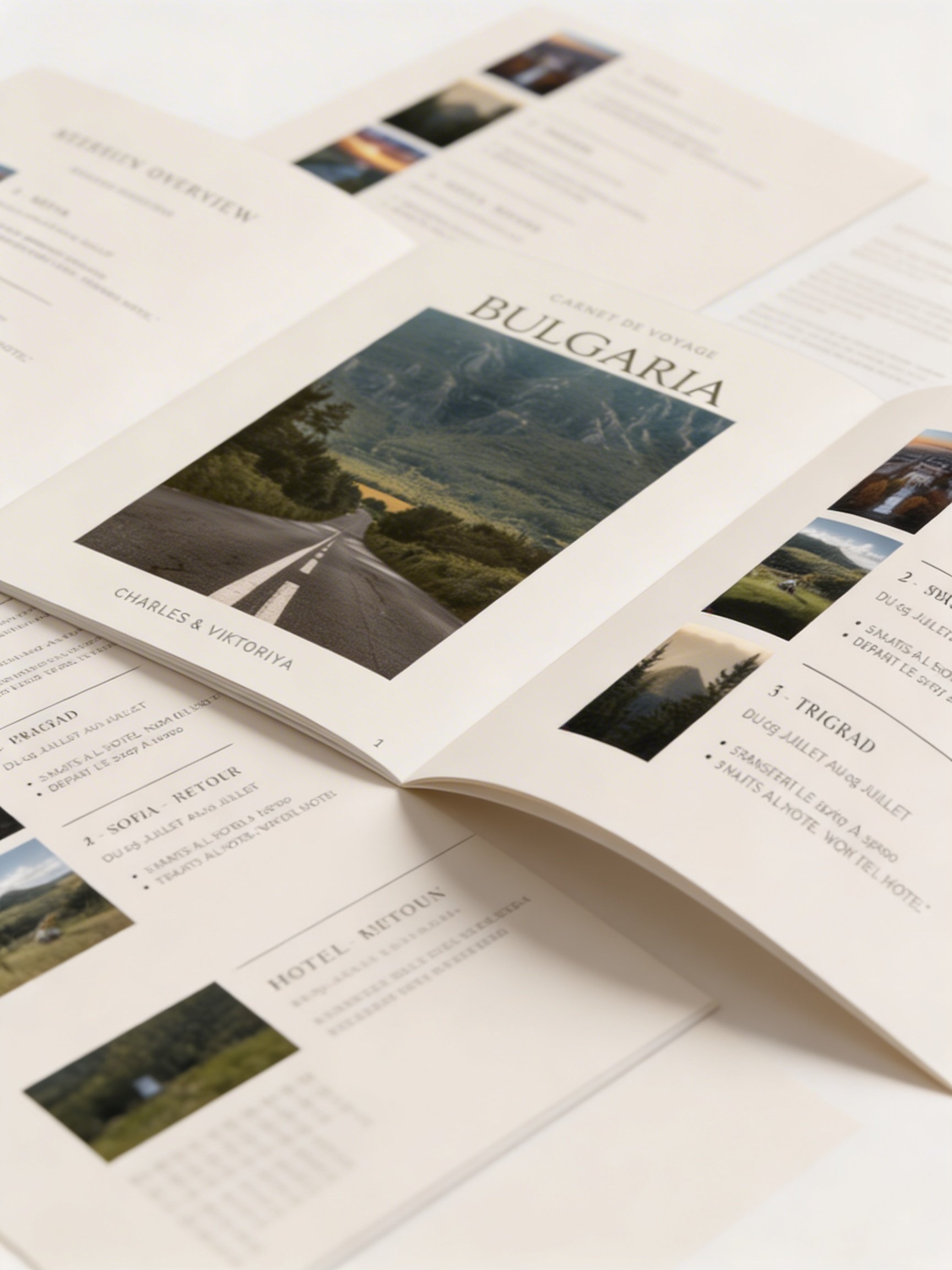 Brochures ou dépliants de voyage pour la Bulgarie avec images de montagnes, routes et paysages