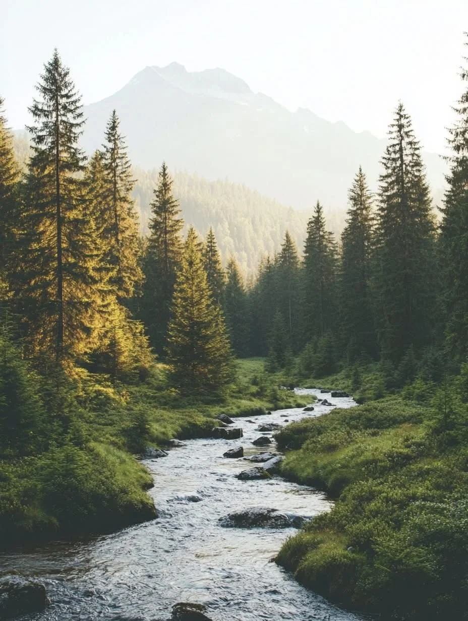 Rivière traversant une forêt de conifères en Bulgarie, paysage sauvage pour un voyage nature immersif