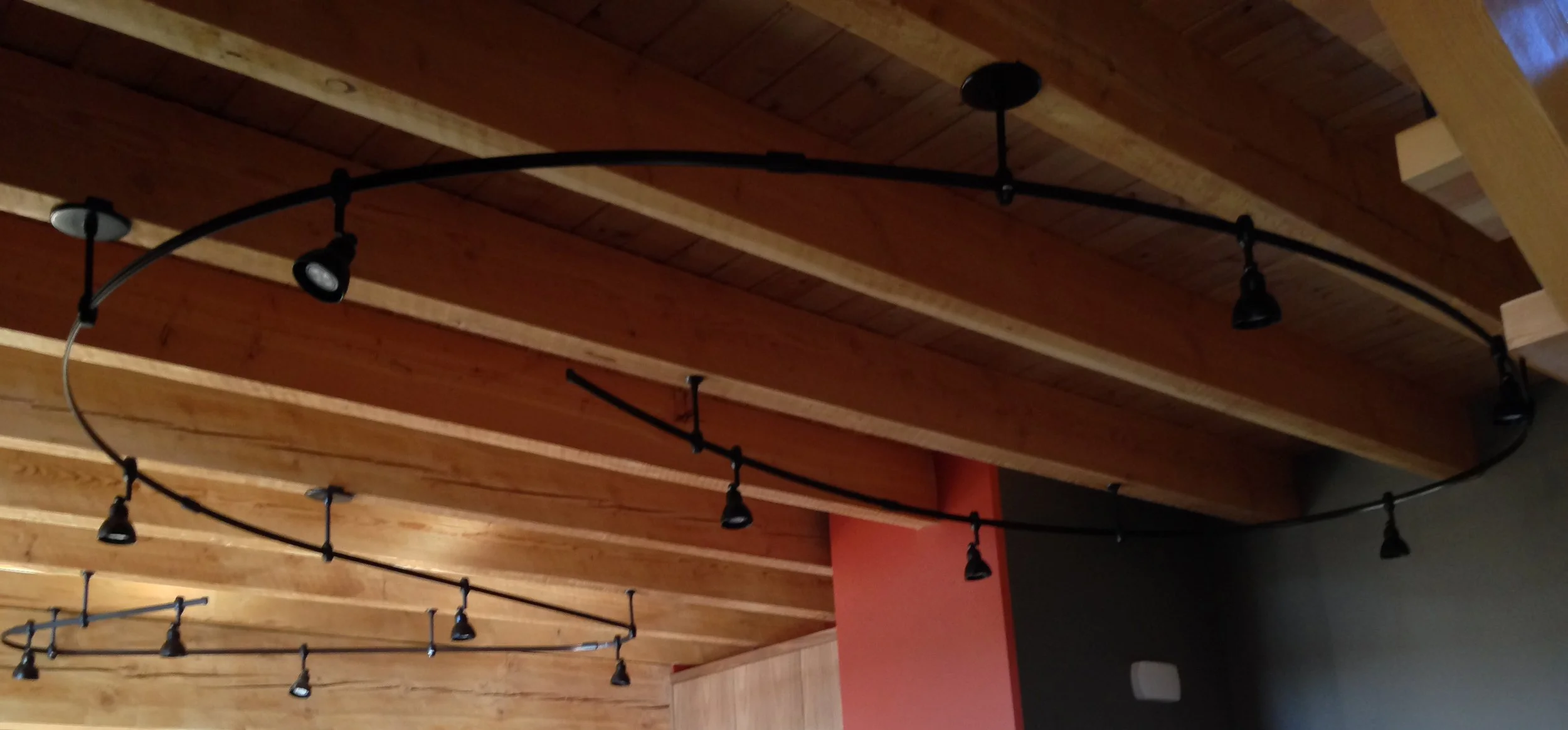 Wooden ceiling with curved black track lighting fixtures.