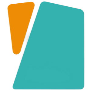 A set of three colorful shapes, with orange, silver, and teal colors, laid overlapping each other.