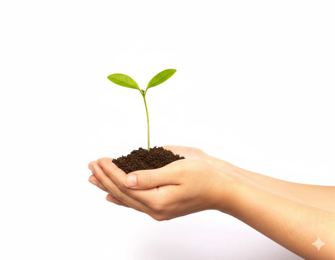 Hand holding soil with a small green seedling plant against a white background.