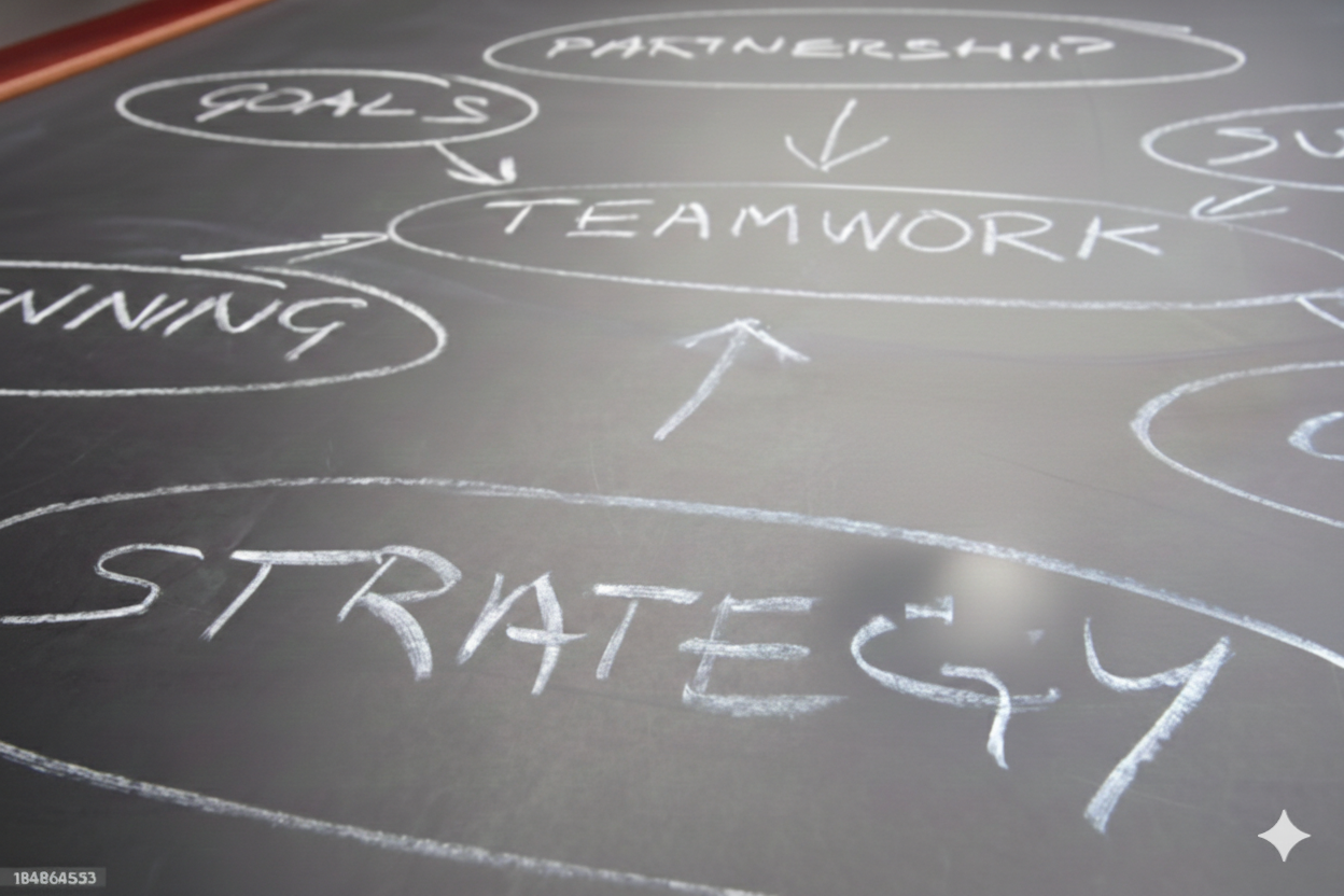 Chalkboard with a diagram showing the relationships between goals, partnership, teamwork, training, and strategy.