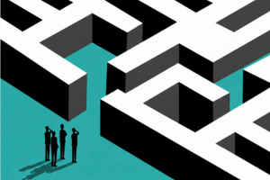 Four silhouetted people standing in front of a complex black-and-white maze with a turquoise background.
