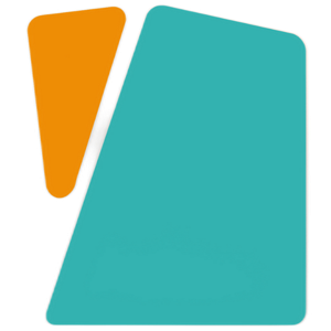 A set of three colorful shapes, with orange, silver, and teal colors, laid overlapping each other.