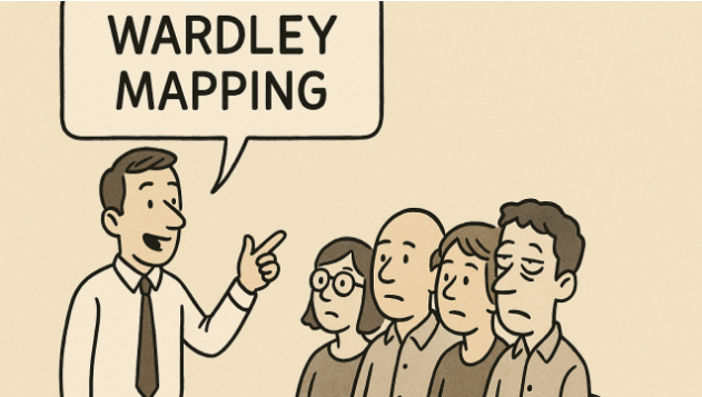 Cartoon of a man pointing at a group of four people, with a speech bubble saying 'WARDLEY MAPPING'.