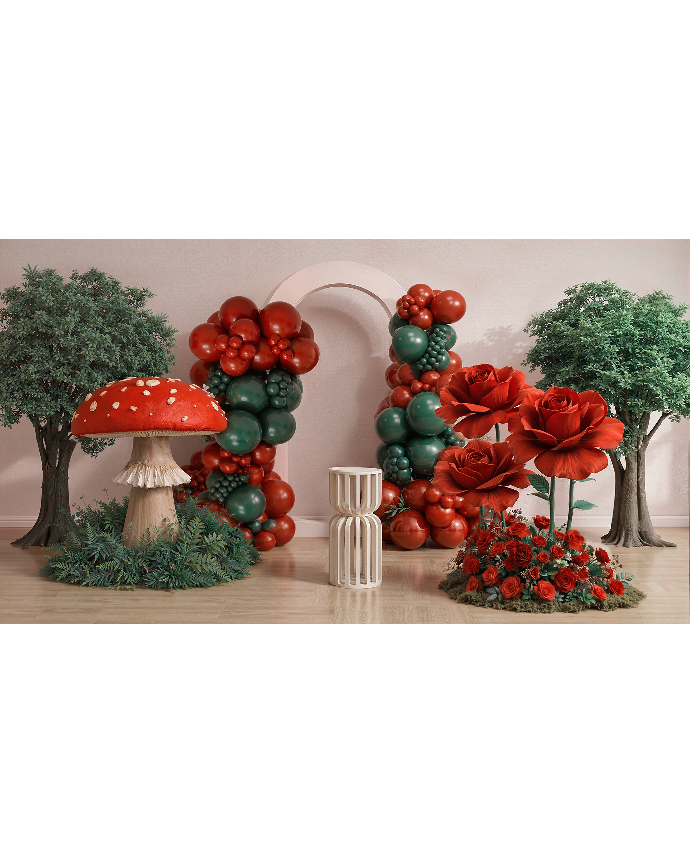 Enchanted garden birthday backdrop with giant mushroom prop, red balloon garland, oversized flowers, decorative podium and garden trees_.png