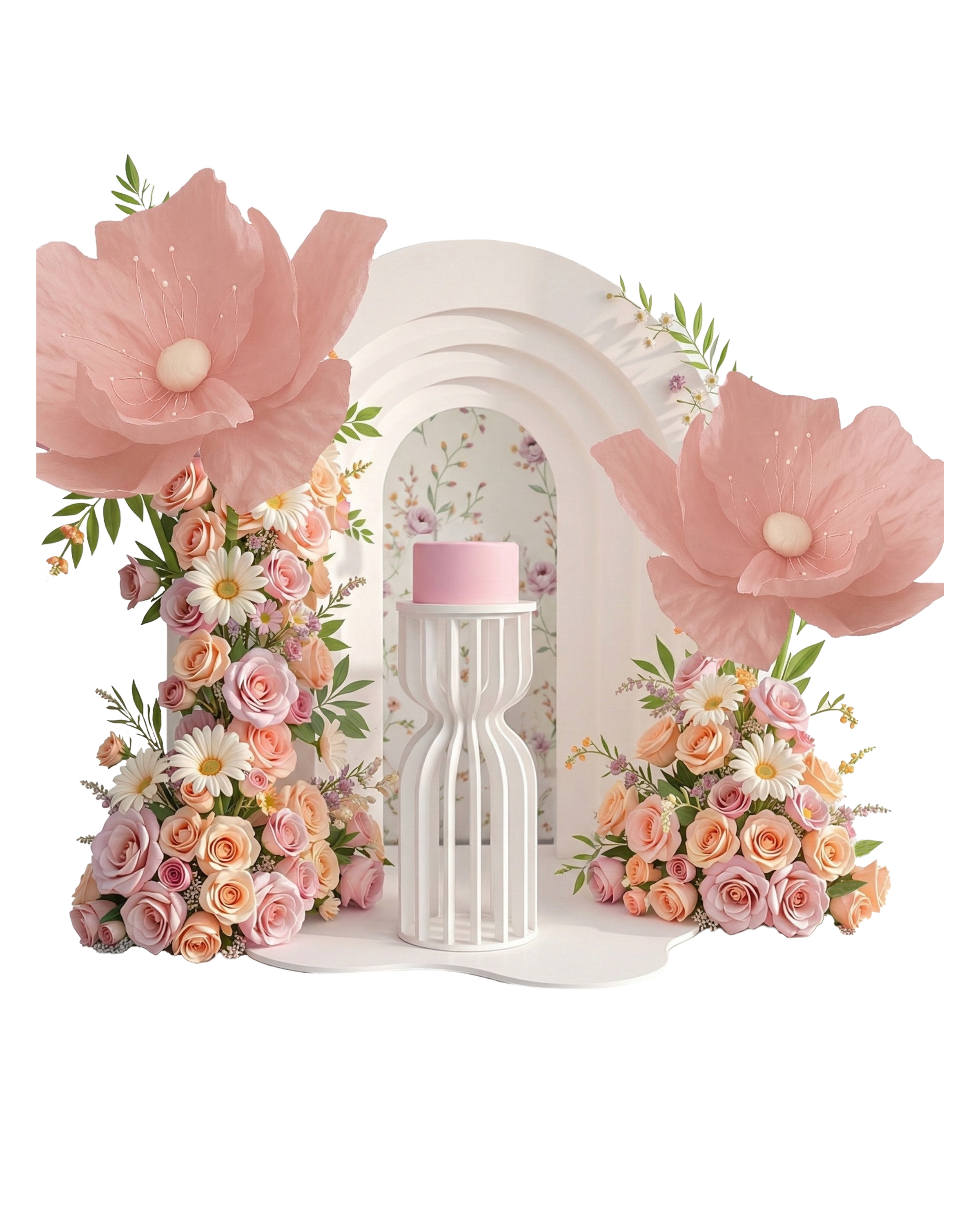 Pastel Floral Arch Backdrop with Cake Pedestal – Elegant Garden Event Setup