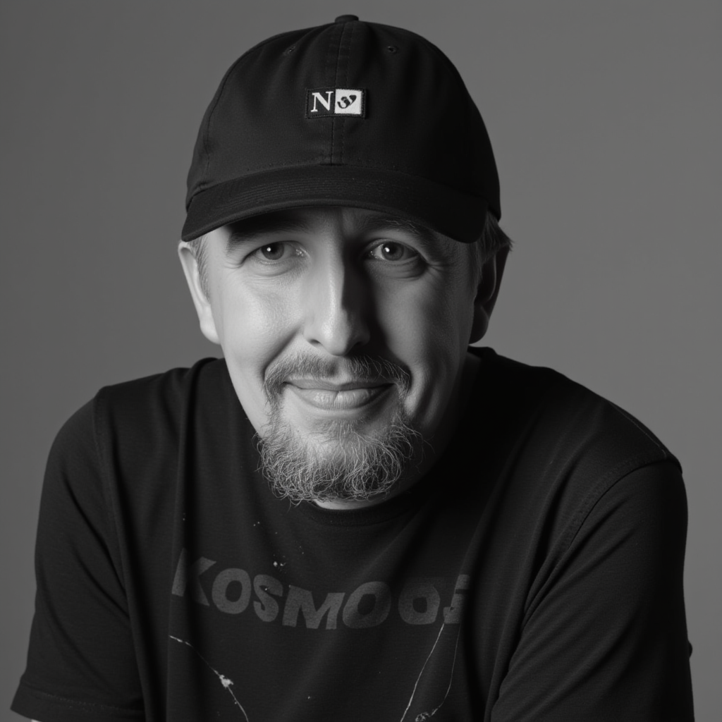 Black-and-white portrait of a smiling man wearing a black cap with a logo and a black T-shirt.