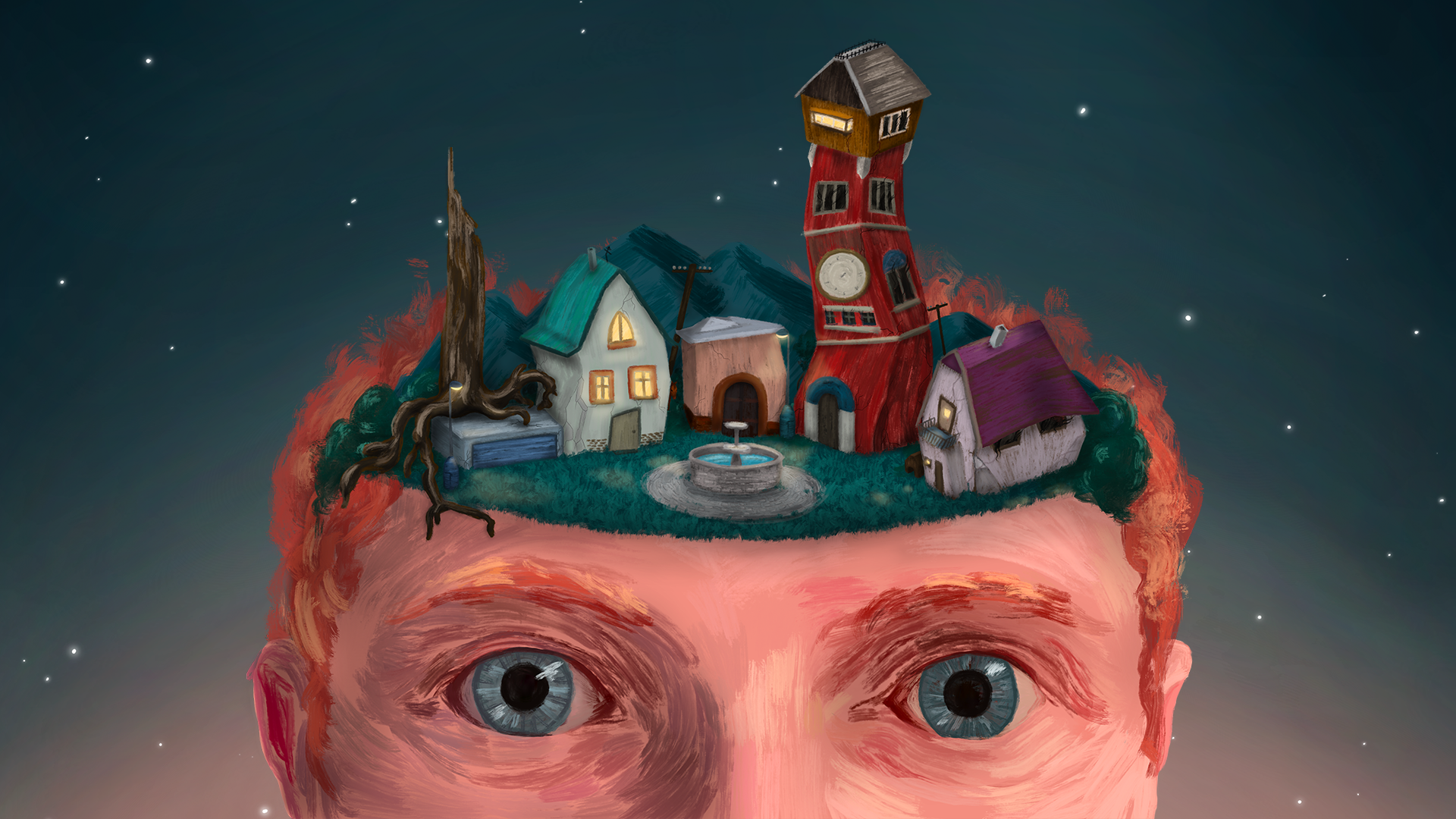 Close-up of a person's face with wide-open blue eyes, and a floating island on their forehead featuring small houses, a fountain, and a clock tower under a starry sky.