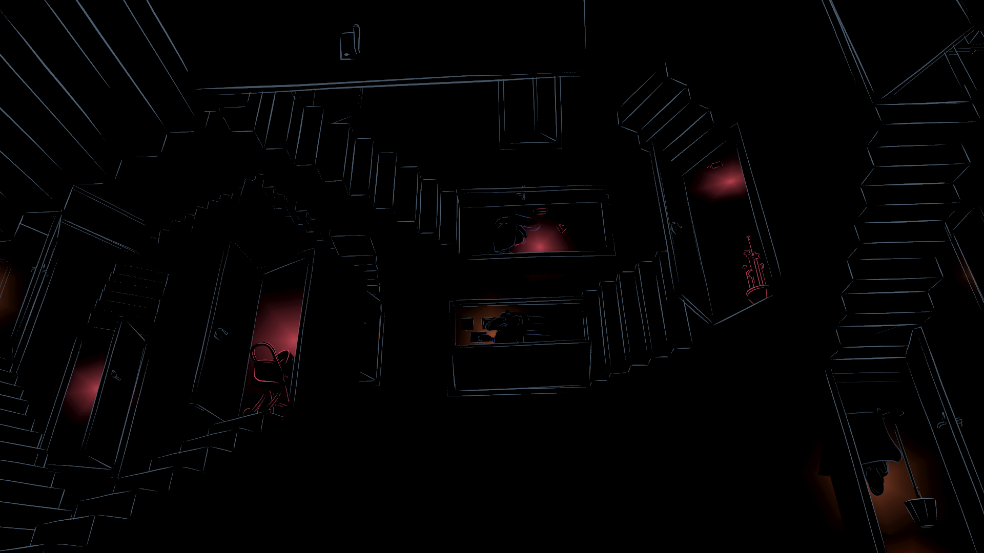 A dark, artistic illustration of a multi-level staircase with minimalistic outlines, illuminated by red neon lights and small lit areas, creating a sleek, modern ambiance.