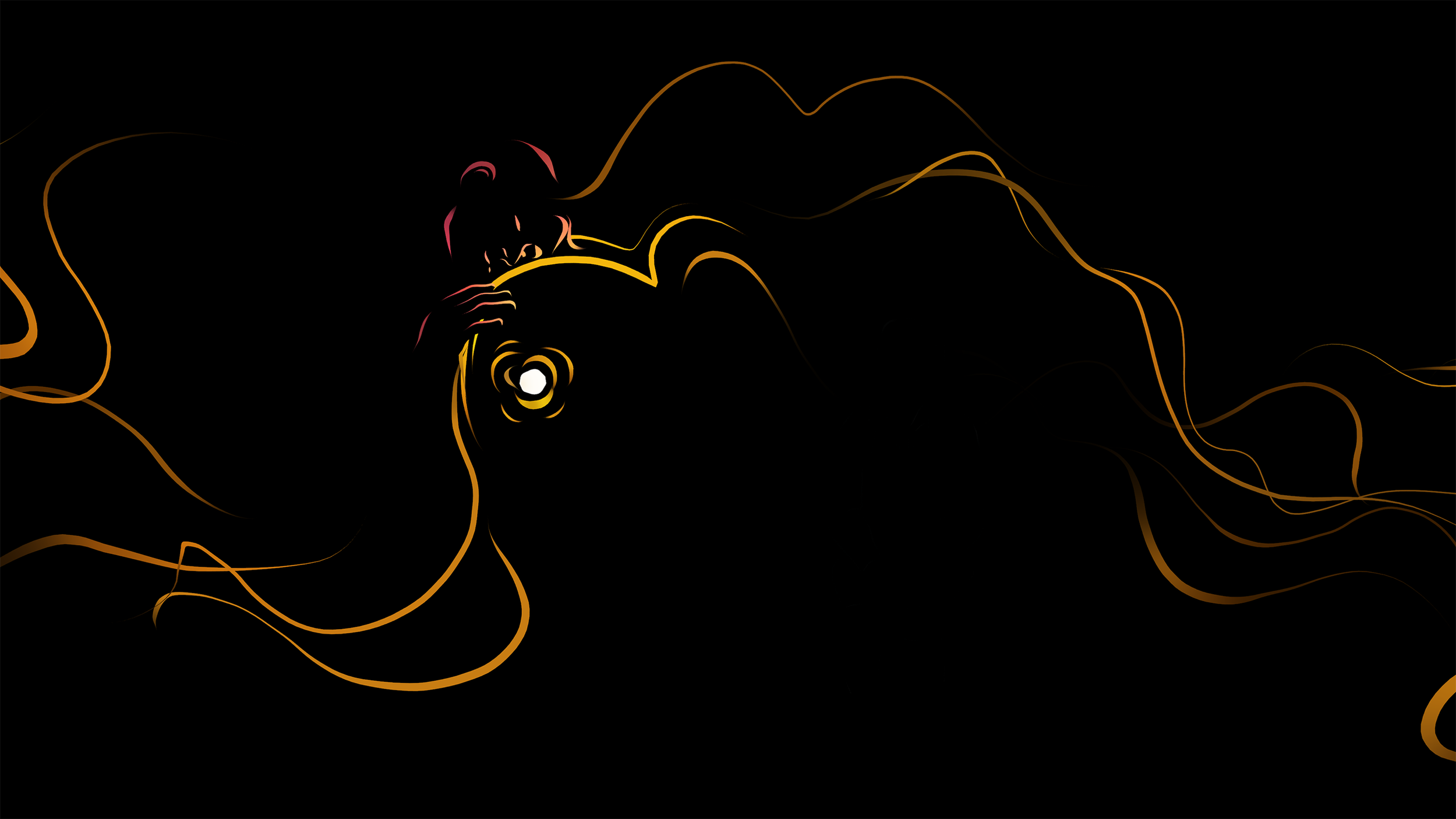 Minimalist digital illustration of a person holding a large fish with glowing outline details against a black background.