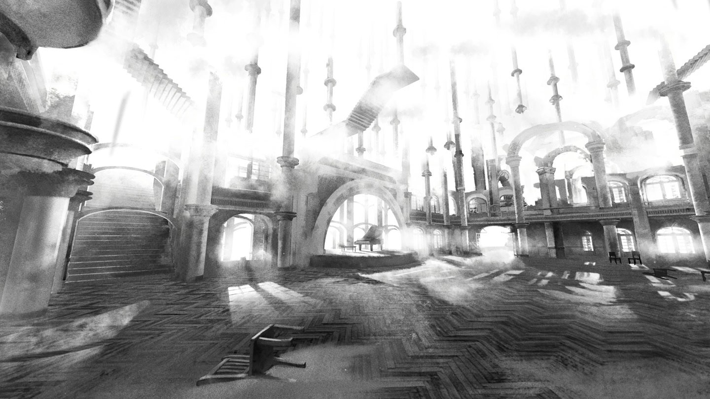 A grand, spacious hall with high ceilings, large windows, and multiple story balconies. A staircase and a grand piano are visible. Sunlight streams through windows, creating a bright atmosphere with shadows on the parquet floor.