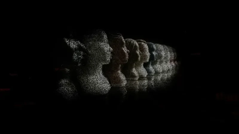 Multiple bust sculptures of human heads, arranged in a line with a reflective surface beneath, against a black background.