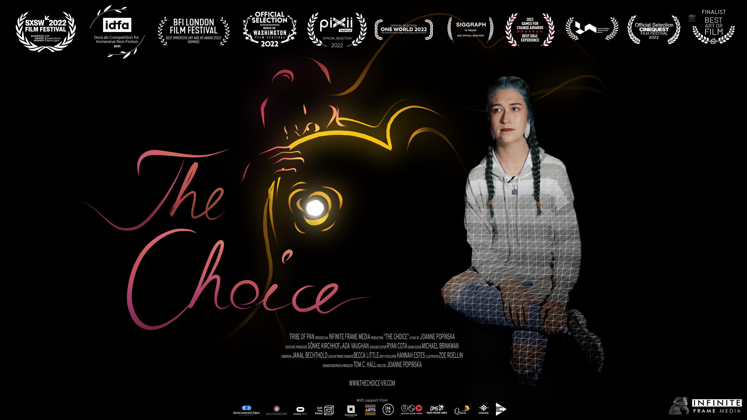 Promotional poster for the film 'The Choice' with an illustrated hand holding a flashlight, the title in pink cursive, and a young woman with long braided hair and a pensive expression on the right side, against a black background with film festival laurels at the top.