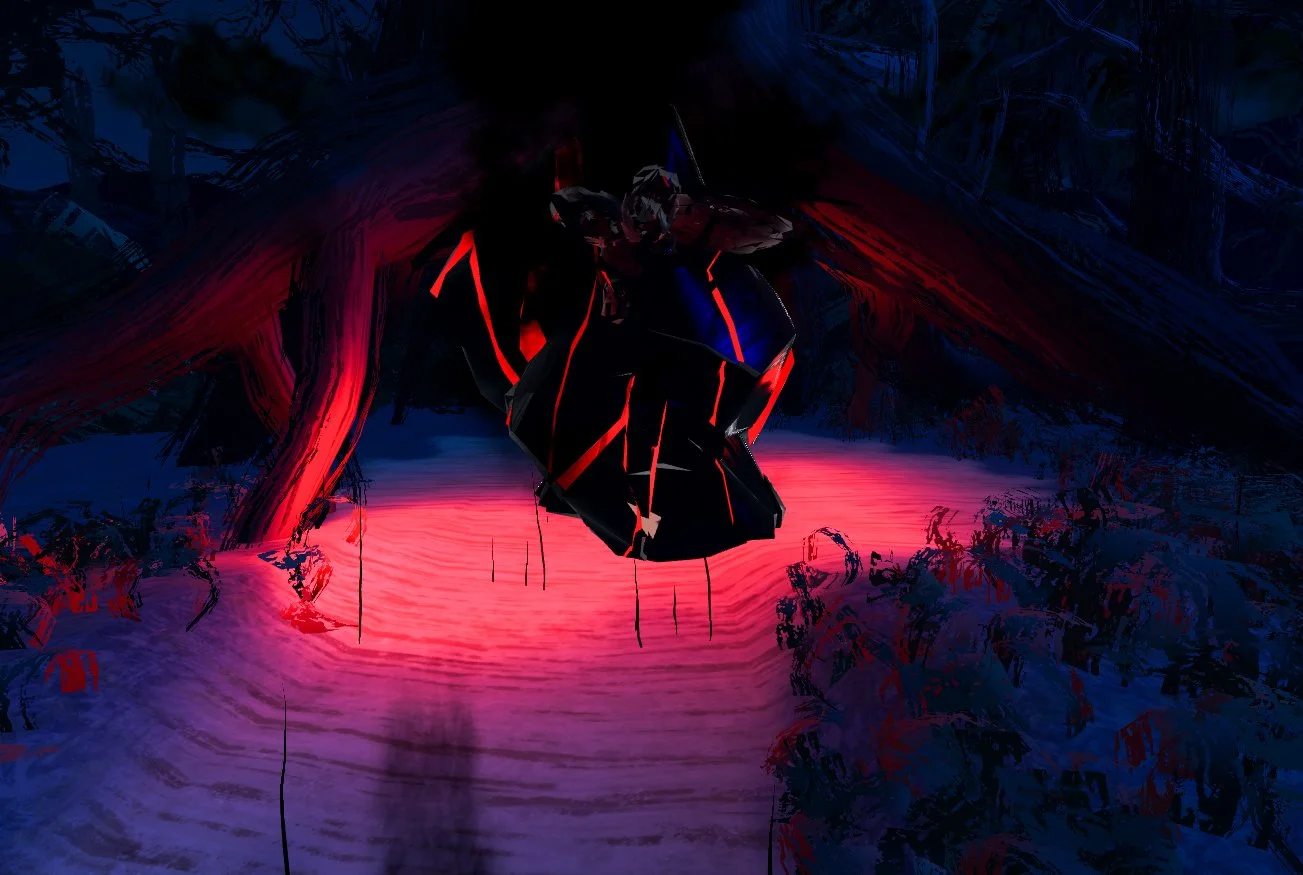 Futuristic robotic figure illuminated with red and blue lights in a dark forest environment with glowing pink water.